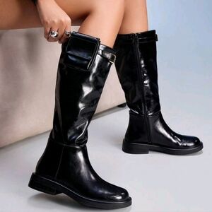 Women's Chunky Heel Round Toe Fashion High Boots,Black Leather,Autumn
